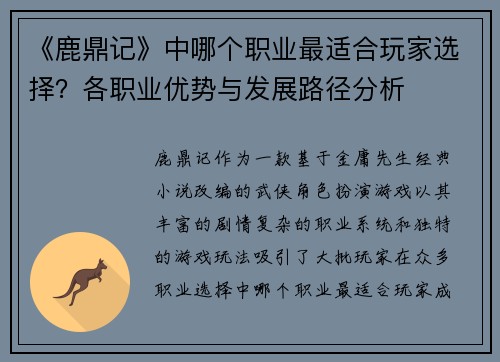 《鹿鼎记》中哪个职业最适合玩家选择？各职业优势与发展路径分析